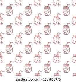 Seamless pattern with smoothie in jars and tubes. Healthy eating habits. Easy cooking process.