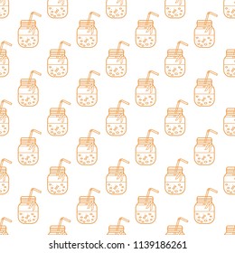 Seamless pattern with smoothie in jars and tubes. Healthy eating habits. Easy cooking process.