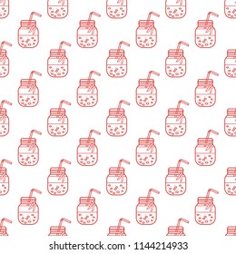 Seamless pattern with smoothie in jars and tubes. Healthy eating habits. Easy cooking process.