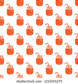 Seamless pattern with smoothie in jars and tubes. Healthy eating habits. Easy cooking process.