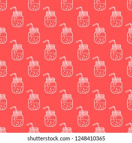 Seamless pattern with smoothie in jars and tubes. Healthy eating habits. Easy cooking process.