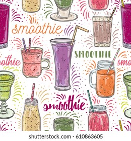 Seamless pattern with smoothie set. Healthy food. Hand drawn vector illustration 