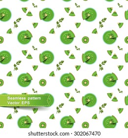 Seamless pattern with smoothies and fruit pieces. Kiwi fruit on a light background. Vector illustration.