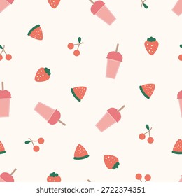 Patrón sin fisuras con batidos en vasos de jugo. Fondo fresco, de la bebida del jugo de fruta, de la comida, y de la bebida para la tela, la decoración, el empaquetado, y las impresiones textiles.