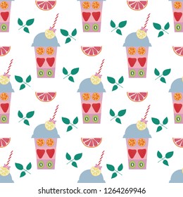 Seamless pattern of smoothies with orange, strawberry, kiwi and lemons on a white background. Great for textile print, invitations, or packaging. Vector file.