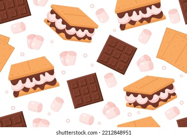 Seamless pattern with smores. Repeating design element for printing on fabric. Dessert and delicacy, sweets. Unhealthy but delicious food. Chocolate and cookie. Cartoon flat vector illustration