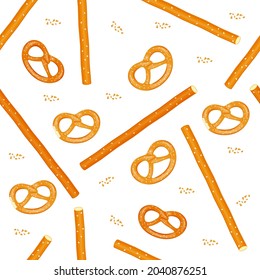 Seamless pattern of snacks, pretzels, salty sticks. Vector background for Oktoberfest holiday.