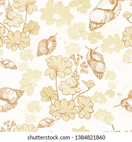 Seamless pattern, snail among green leaves, monochrome.