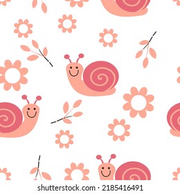 Seamless pattern with snail cartoons, daisy flower and branches on white background vector illustration. 