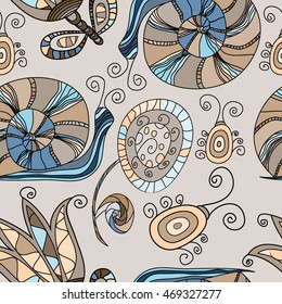 Seamless pattern with snail and flower. Use for wallpaper, pattern fills, fabrics, ornamental template for design and decoration.