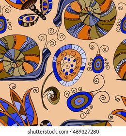 Seamless pattern with snail and flower. Use for wallpaper, pattern fills, fabrics, ornamental template for design and decoration.