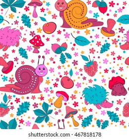Seamless pattern. Snail, hedgehog mushrooms. texture for design