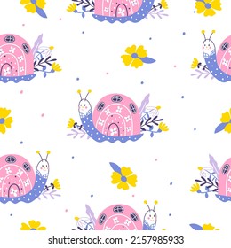 Seamless pattern with snail house on a white background. Childish wallpaper design in pastel colors. Fashionable pattern for children's textiles. Cartoon illustration.