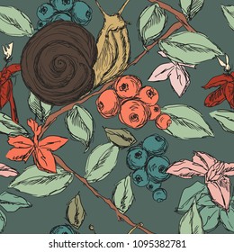 Seamless pattern, snail on a branch with leaves and berries. Colorful nature background in hand-drawn ink style. Vector illustration.
