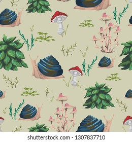 Seamless pattern with snail, plants, leaves and mushrooms. Design in watercolor style for greeting card, invitation, baby shower party, wallpaper, fabric. Cartoon characters. Vector illustration.