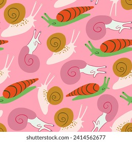 seamless pattern with snail in vector.Template for design, print, background, packaging, book, wrapping paper, fabric.