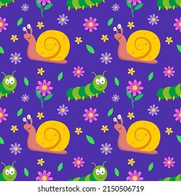 Seamless pattern with snail,caterpillar and flowers. Repeating vector pattern with insects.An idea for holiday invitations,children's creativity,for paper,fabric, textiles, gift wrapping, advertising.