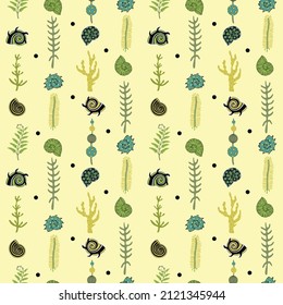 Seamless pattern with snaills and underwater plants. Vector illustration. Texture for wallpaper, textile, fabric.