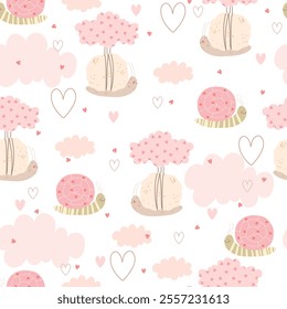 Seamless pattern with snails, clouds, hearts. Cute pattern with animals for Valentine's Day. Wedness Day, love, party.
