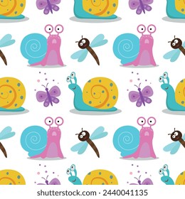 Seamless pattern with snails, dragonflies and butterflies. Cute illustrations with snails, dragonflies, butterflies for children's postcards, wallpapers, packaging.