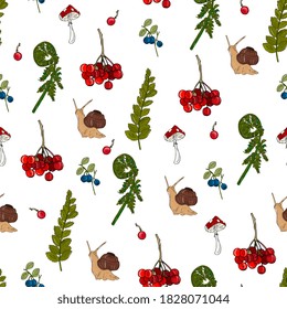 seamless pattern with snails, fern, mushrooms and berries. Natural background with forest elements
