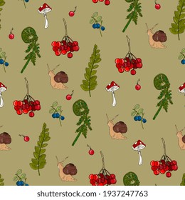 seamless pattern with snails, fern, mushrooms and berries. Natural background with forest elements