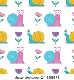 Seamless pattern with snails and flowers. Cute vector illustration with snail flowers for children's postcards, wallpapers, packaging.