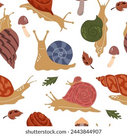 Seamless pattern of snails, leaves and mushrooms. Cute characters on white background. Beautiful trendy background for packaging, fabric, wallpaper. 