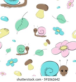 seamless pattern with snails, mushrooms and flowers for kids. Vector available