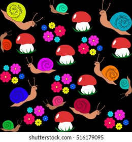 seamless pattern with snails and mushrooms for kids