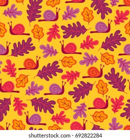 Seamless pattern with snails and oak leaves on yellow background. Perfect for wallpaper, gift paper, autumn greeting cards.