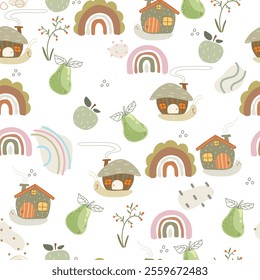 Seamless pattern with snails, rainbows, dots, spots, and fruits, Doodle. Vector illustration with cute cartoon animals, hand drawn rainbows, pears and apples.