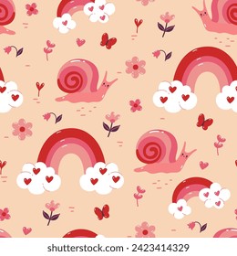 Seamless pattern with snails, rainbows, flowers, hearts. Vector graphics.