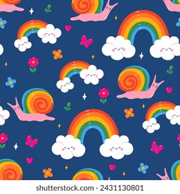 Seamless pattern with snails and rainbows. Vector graphics.