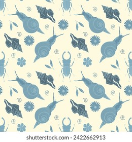 Seamless pattern of snails and shells. Vector illustration