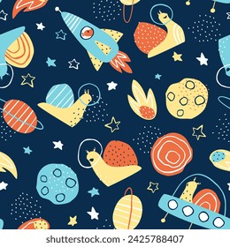 Seamless pattern of snails traveling in space on a dark background. Snails travel through the galaxy along with the stars and planets. Children's fabric with space dinosaur. Flat vector illustration.