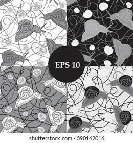 Seamless pattern with snails. Vector seamless pattern with snails. Black and white seamless pattern in 4 variants.