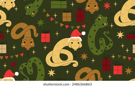 Seamless pattern with snake. 2025 new year of snake. Holiday design with snake. Christmas design. Chinese New Year. 2025 celebratio