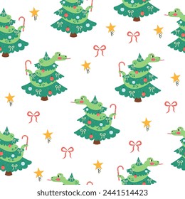 Seamless pattern snake character on a Christmas tree