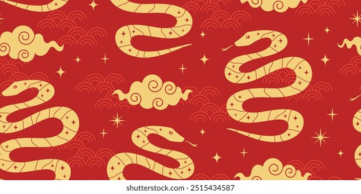 Patrón sin fisuras con serpiente. Año Nuevo chino de 2025. Símbolo de la serpiente del zodiaco chino. Colores rojo y dorado. Fondo de vacaciones de Vector plano.