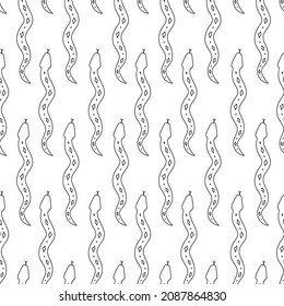 Patrón sin foco con garabatos de serpientes. Contorno de imagen Fondo con dibujos negros de un animal reptil. Ornamento de serpiente lineal vectorial, muestra de impresión