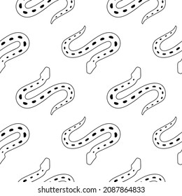 Seamless pattern with snake doodles. Contour image Background with black drawings of a reptile animal. Vector linear serpent ornament, print sample