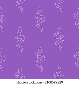 Seamless pattern with snake doodles. Contour image Purple Background with white drawings of a reptile animal. Vector linear serpent ornament, print sample