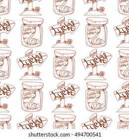 Seamless pattern with a snake in a glass jar and a wooden arrow pointer.