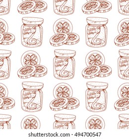 Seamless pattern with a snake in a glass jar and three coins with clover.