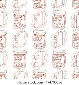 Seamless pattern with a snake in a glass jar and a contour map of Ireland.