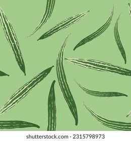 A seamless pattern of snake gourd on light green background. vector illustration.