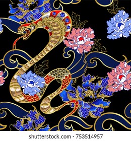 Seamless pattern with snake and peony patch embroidery with sequins.
