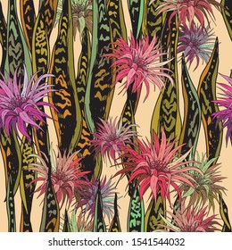 Seamless pattern with snake plants and colorful exotic flowers. Mother-in-low tongue plants. Hand drawn vector illustration.