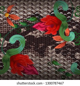 Seamless pattern - snake skin and flowers.